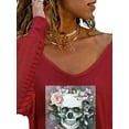thumbnail image 3 of DYMADE Women Halloween Skull Print V-neck Splice Perspective Striped Long Sleeve T-shirt, 3 of 4