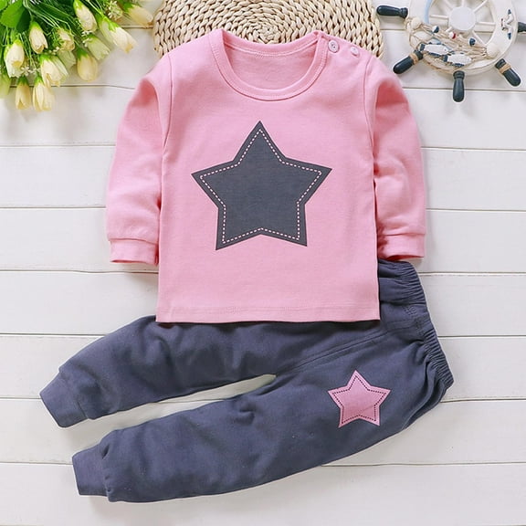 fnnxnal Kids Girl Purple Cotton Outfit Set - 100% Soft Breathable Star Print Top & Pants, Easy Dress Elastic Waist, Sizes 3M-6T for Daily Wear/Playdates/Gifting,Size 2 T