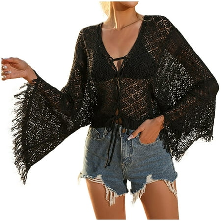 Zpanxa Bathing Suit Cover up for Women Bikini Swimsuit Coverup Tassels Beach Crochet Loose Hollow Out Coverup Top Black S