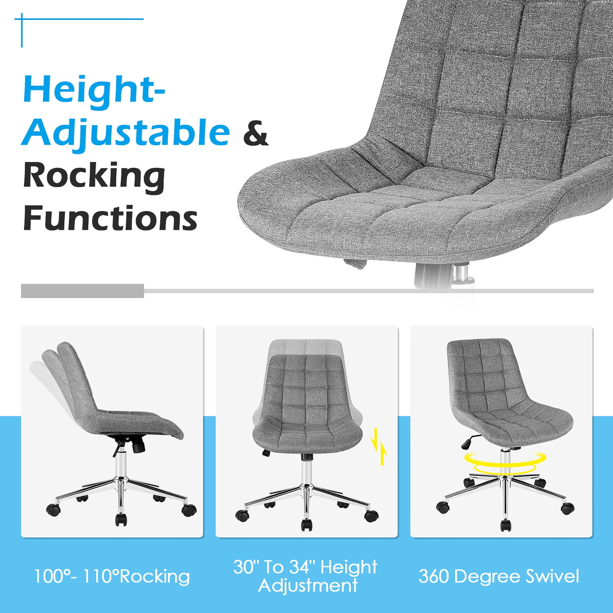 Costway Mid Back Armless Office Chair Adjustable Swivel Fabric Task Desk Chair Gray