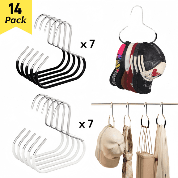 14 Pack Hat Hanger for Closet, Hat Organizer for Baseball Caps, Stainless Steel Space-Saving Hat Rack for Caps, Belts, Scarves & Bags, White & Black