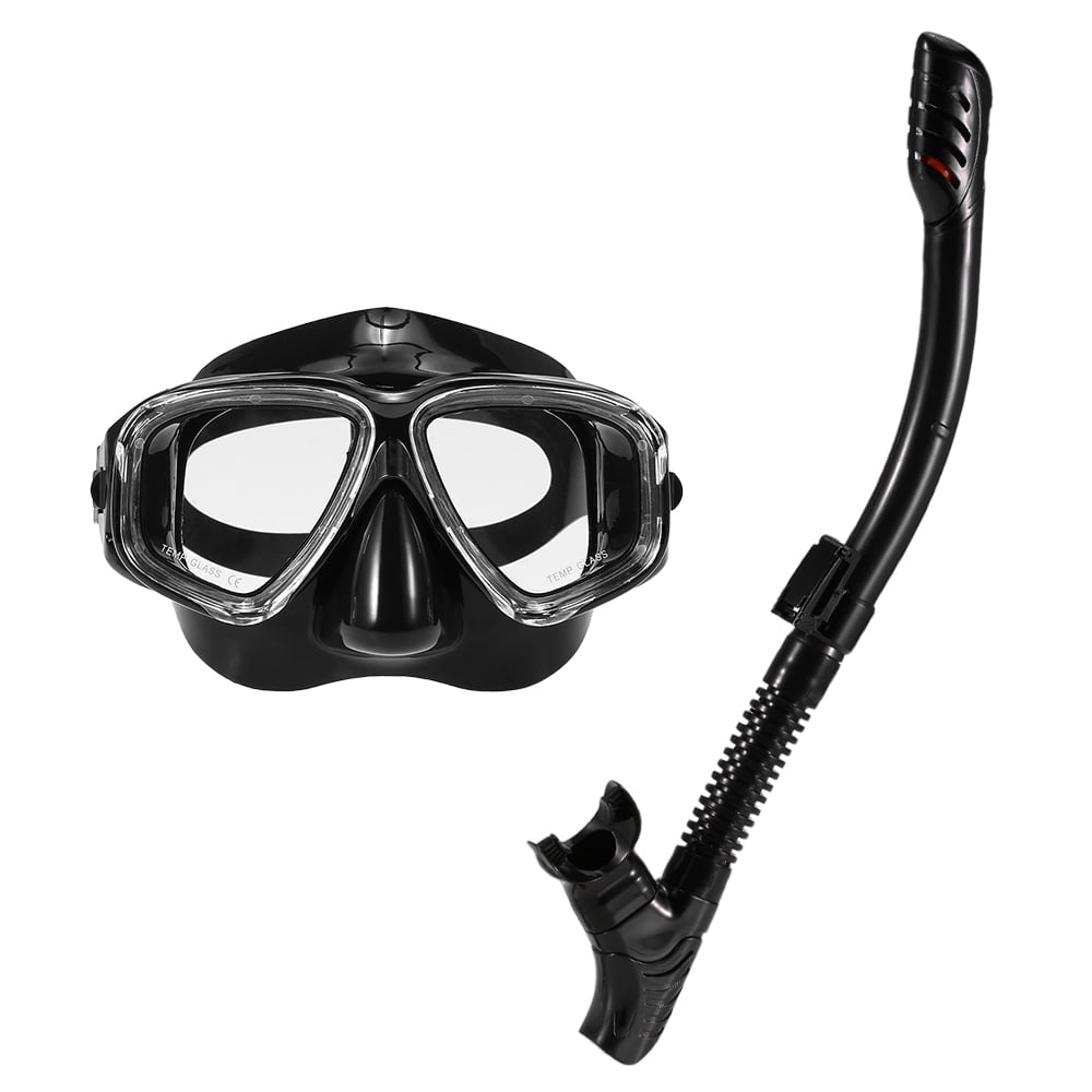 Adult Diving Tempered Glass Diving Set Scuba Anti-Fog Goggles and Snorkel Black 