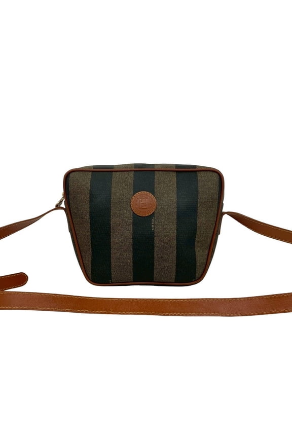 Pre-Owned FENDI Pequin Pattern FF Logo Leather Shoulder Bag/Pouch/Sacoche - Khaki, Black, Brown...