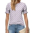 thumbnail image 4 of Women's Spring Summer Clothing Fashion Polkas Printed Base T-Shirts Pleated Sleeves Short Sleeves Round Neck Blouses Top, 4 of 6