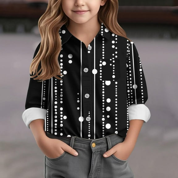 BRGZLK Boys Girls Long Sleeve T-Shirt Trendy Polka Dot Print Regular Top Loose Casual Lapel Button-Down Shirt Black 7-8 Years