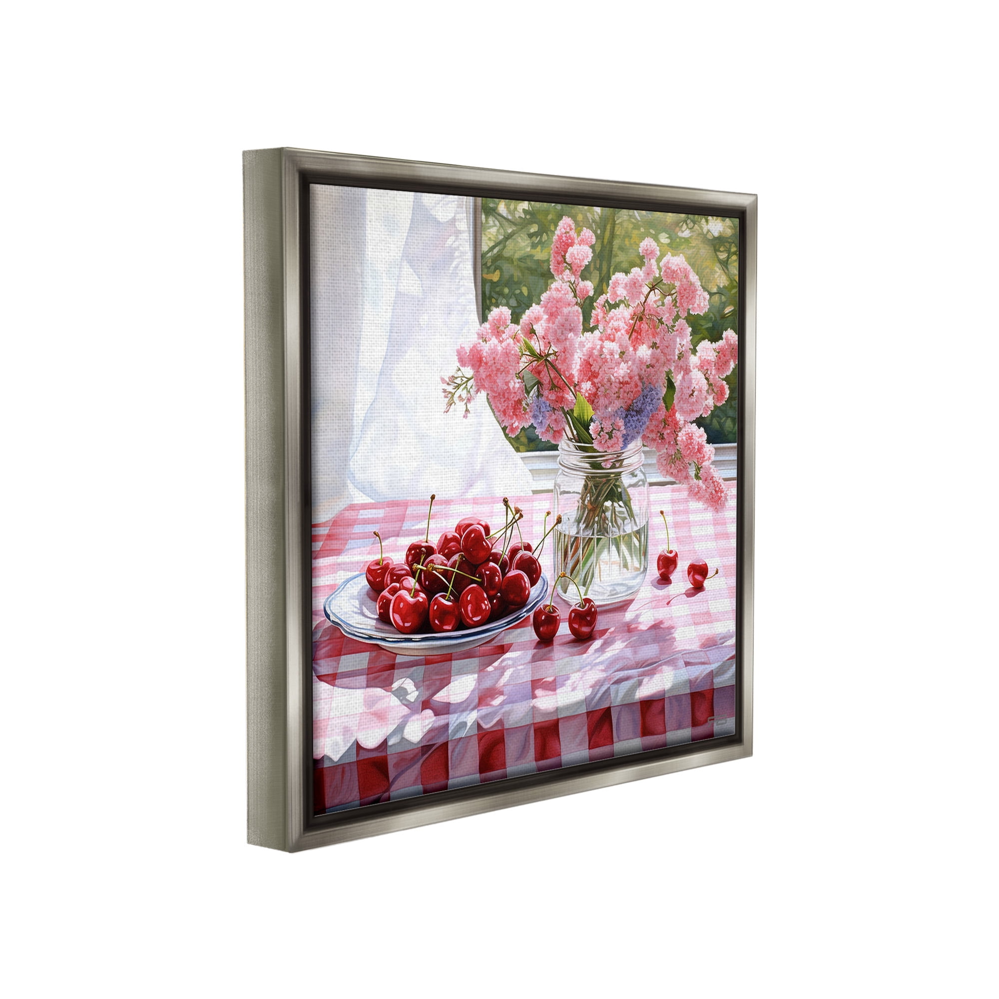 Stupell Industries Cherry Blossoms & Fruits Botanical & Floral Painting Gray Floater Framed Canvas Art Print Wall Art, 18 x 18