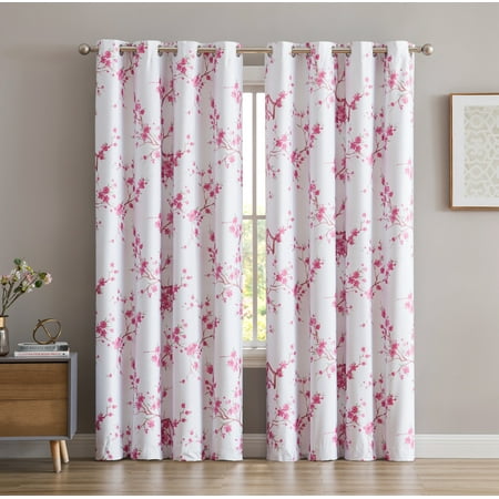 Curtains And Drapes Near Me HLC.ME Jasmine Floral Faux Silk 100% Blackout Room Darkening Thermal Insulated Energy Efficient Curtain Grommet Panels - Pair ()