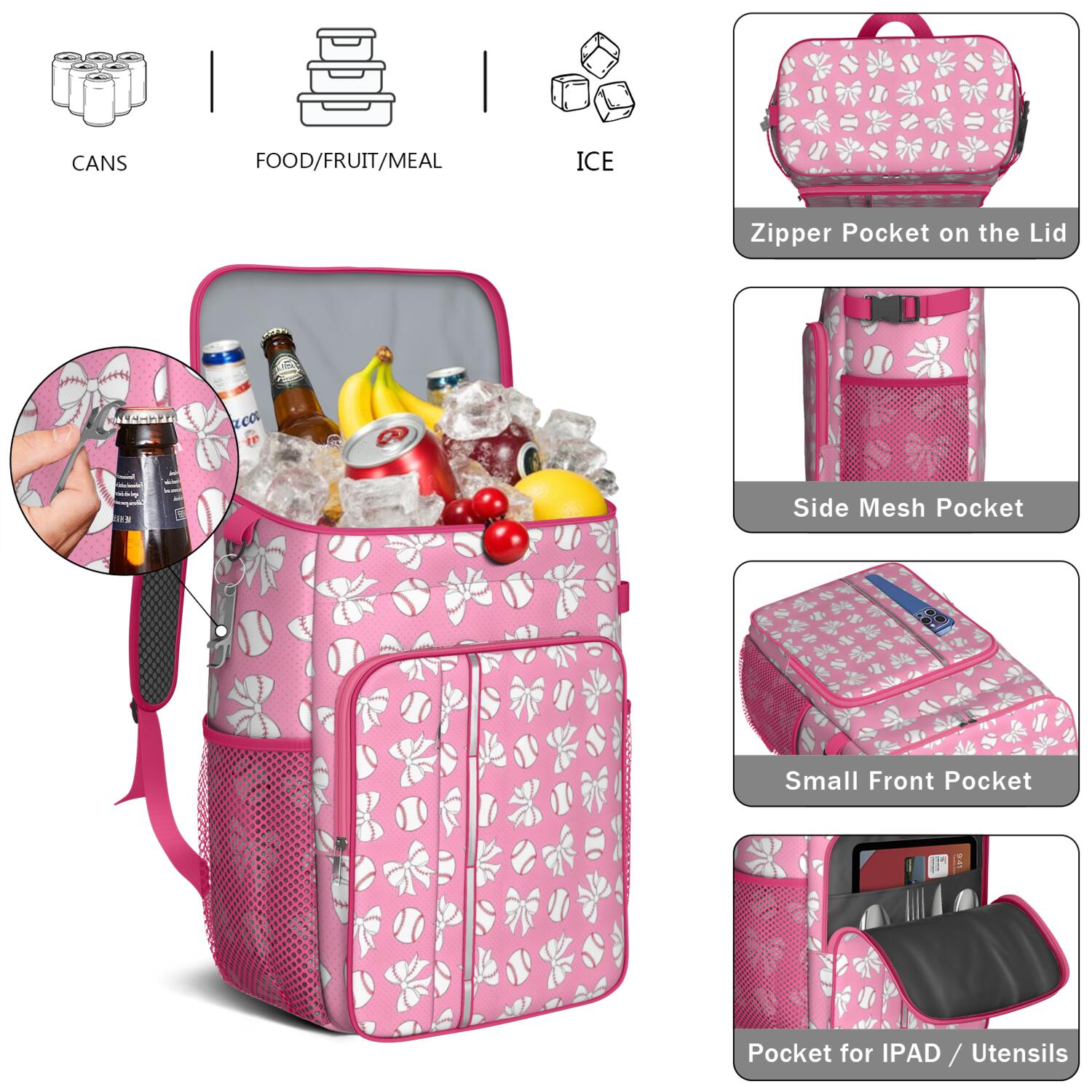 Travel Cooler Bag - Pink Bows and Baseballs Pattern Camping Beer Cooler Backpack with Bottle Opener- Waterproof Insulated Picnic Backpacks - Cooler Bag for Beach