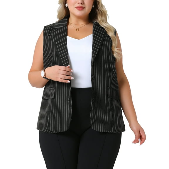 Agnes Orinda Women's Plus Size Striped Blazer Lapel V Neck Sleeveless Button Down Business Casual Suit Vests with Pocket 1X Black
