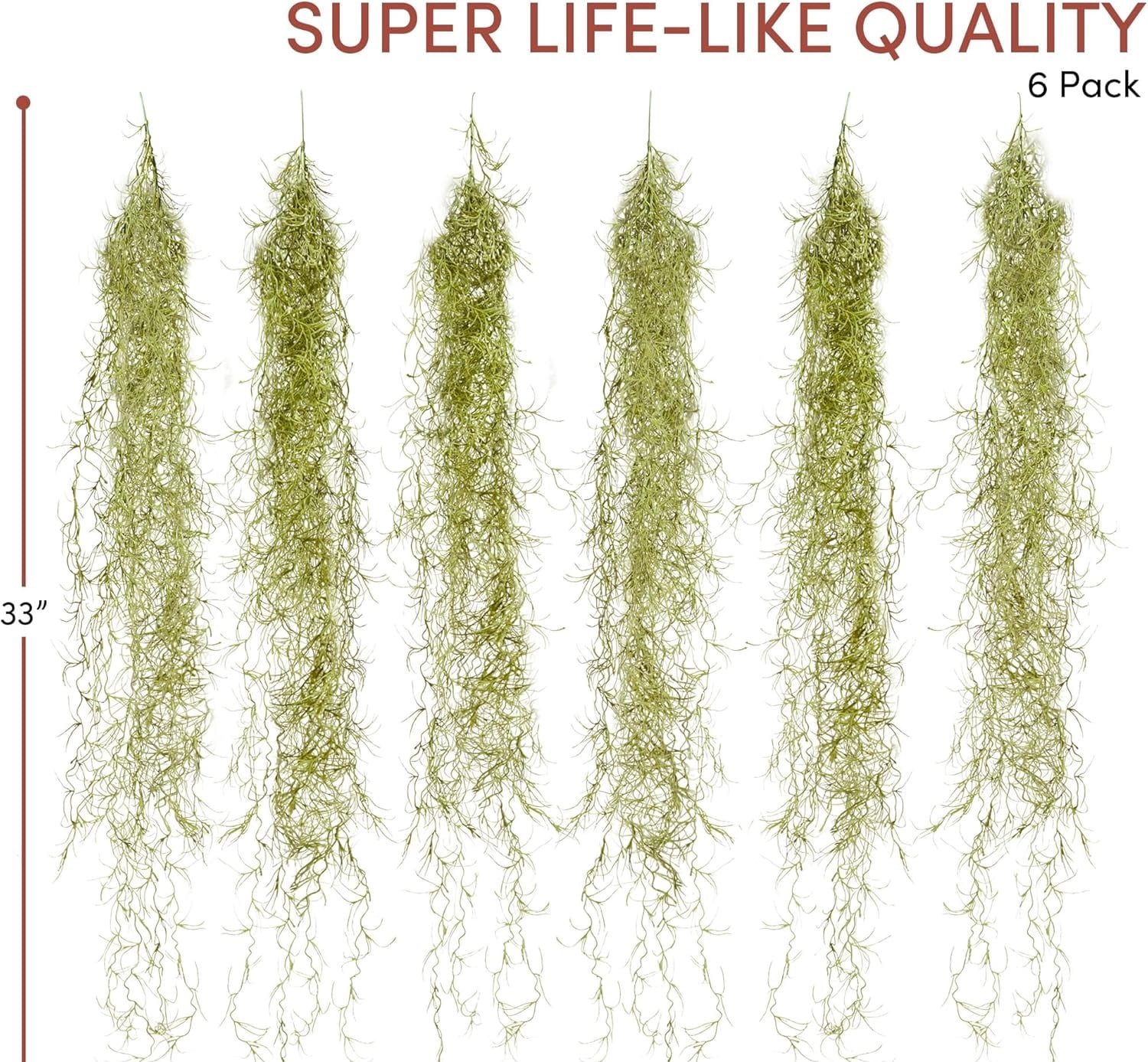 Fake Spanish Moss (6 Pack, 33" Long) – Realistic Artificial Hanging Moss for Terrariums, DIY Crafts & Faux Decor, Easter Basket Stuffers