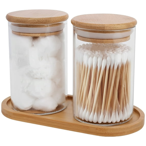 Duety 2Pcs Cotton Swab Holder with Bamboo Lid Tray 10 Oz Cotton Ball Organizer Clear Glass Bathroom Storage Jar Vintage Round Apothecary Jar for Floss Dresser Decoration