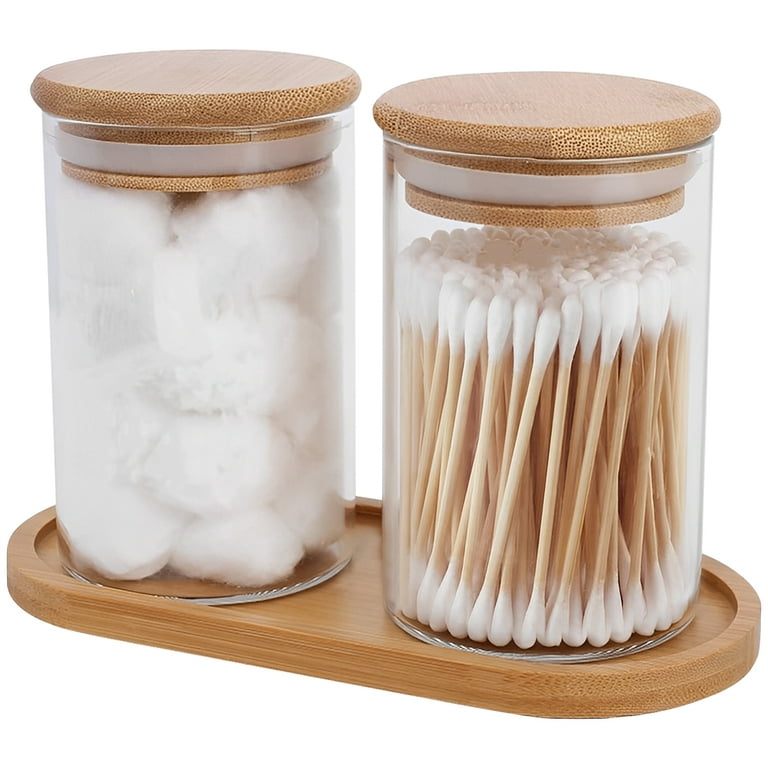 6 Pack Glass Cotton Ball Holder Bathroom Clear Glass with Bamboo Lids  Apothecary Jars Organizer Bathroom Vanity Canisters for Storage and  Organization