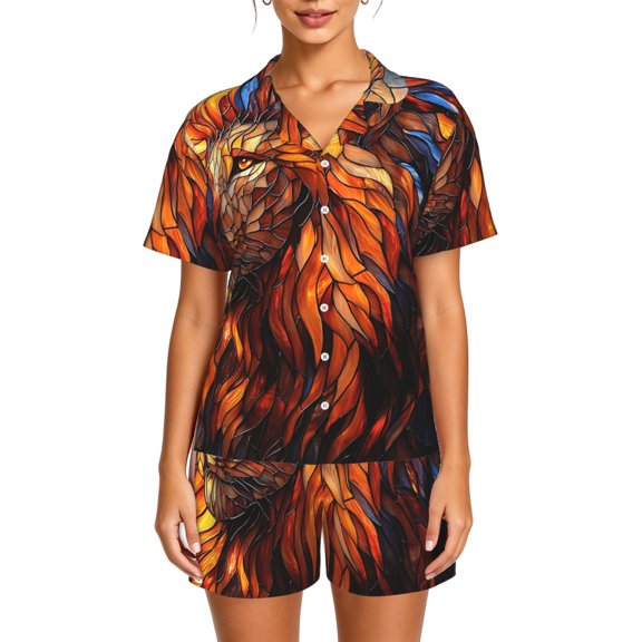 Women's 2-Piece Pajama Set, Short Sleeve Button-Down Top with Pants, Sleepwear Loungewear, Lion Stained Glass Art