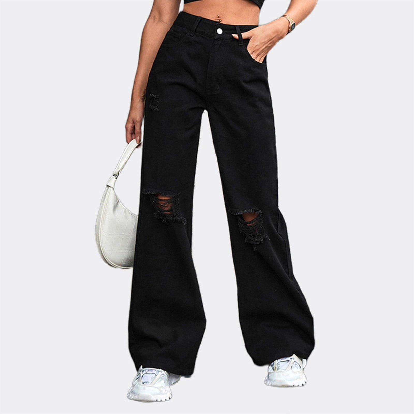 Women's High Waisted Wide Leg black Jeans Casual Loose Straight Ripped Denim  Pants Hole Boyfriend Denim Pants Pockets Button Ripped Jeans Trousers Hole  Pants Black XL 