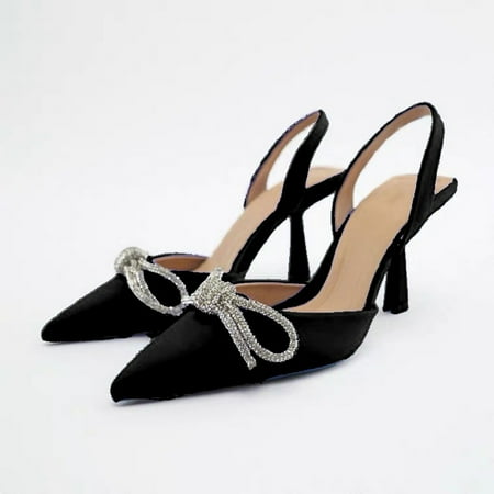 

Women s Rhinestone Bow Sling Back Pointed Toe Mid Kitten Heel Pumps Shoes for Work and Party