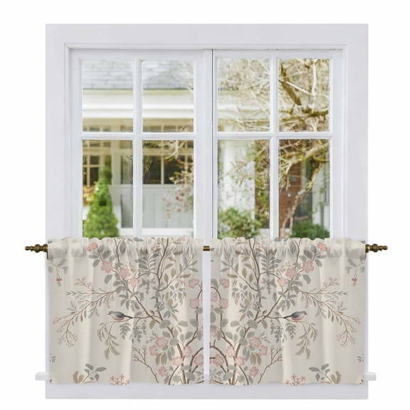 Fall Flower Tier Curtains, Vintage Autumn Bird Floral Tree Leaf Plant Light Filtering Kitchen Curtains, 2Pcs Rod Pocket Half Window Treatments Panels for Sink Cafe Cabinet Camper 27.5x36 Inches