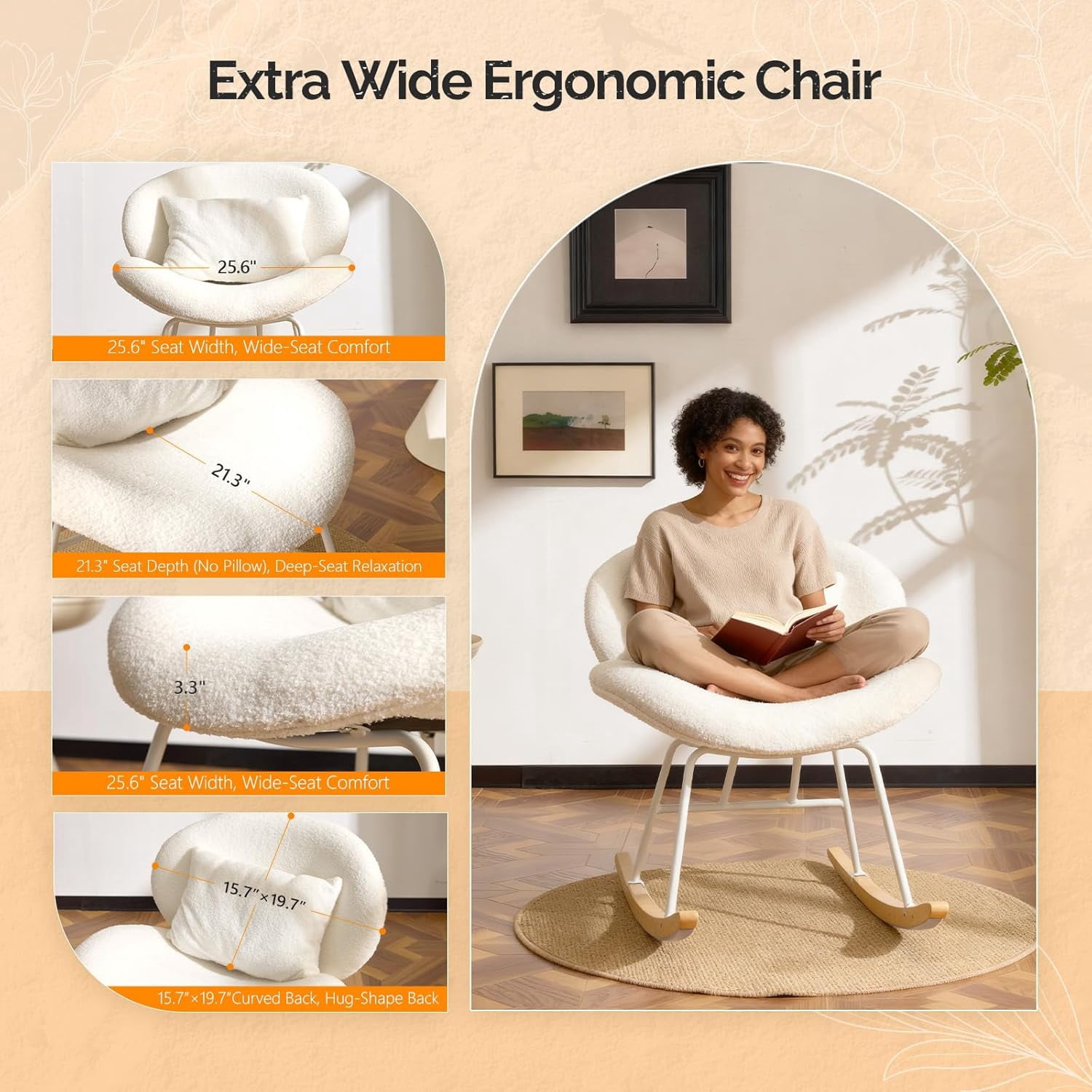 WLTER 25.6" Extra Wide Criss Cross Nursery Rocking Chair,Cute Curved 115° Reclining Armless Glider,Teddy Small Rocker w/Pillow & Solid Wood for Indoor,Bedroom, Living Room,Teddy Fleece,White