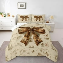 Homewish Retro Brown Bowtie Bedding Comforter Set,Vintage Bow Ribbon Twin Comforter Sets,Country Flower Floral Bedding Set For Girls Kids,Ultra Soft Home Decor Reversible,2pcs
