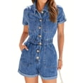 thumbnail image 2 of Short Sleeve Denim Rompers for Women Button Casual Jumpsuits with Pokcet, 2 of 5