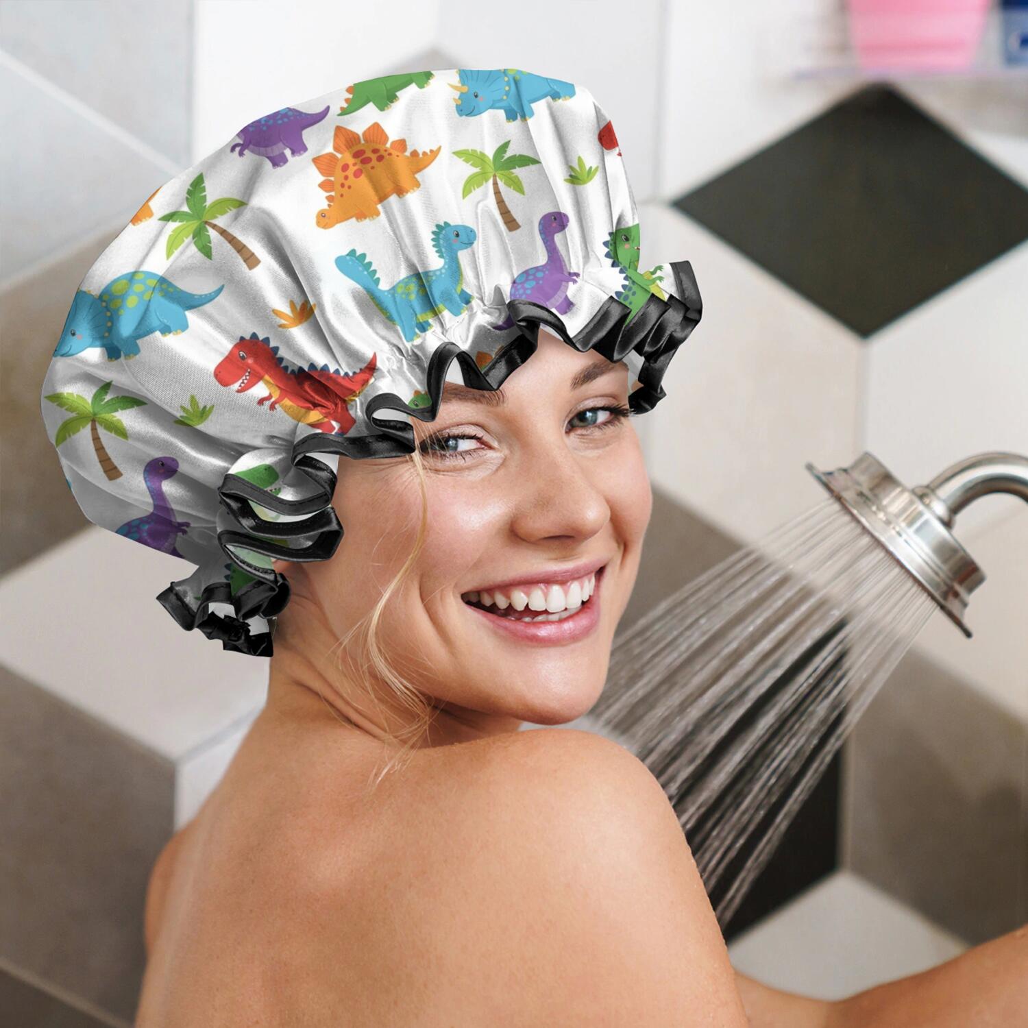 Shower Caps,White Dinosaurs Colorful Species Palms Pattern Waterproof Shower Cap for Women 4 Pieces,Double Reusable Hair Cover for Shower PEVA Elastic Stretch Hem