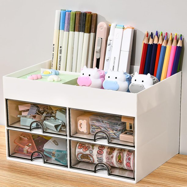 QPENWEI Organisateur de Bureau Blanc en Plastique avec 4 Tiroirs Coulissants, 4 Compartiments et Porte-Stylo, Multifonctionnel Organiseurs et distributeurs pour le Bureau Maison École