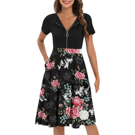 

Qufokar Fall Maternity Dress for Women S Dresses for Summer Women Summer Casual Vintage Flower Print Zipper Dress A Line Flared Midi Party Swing Dress With Pocket