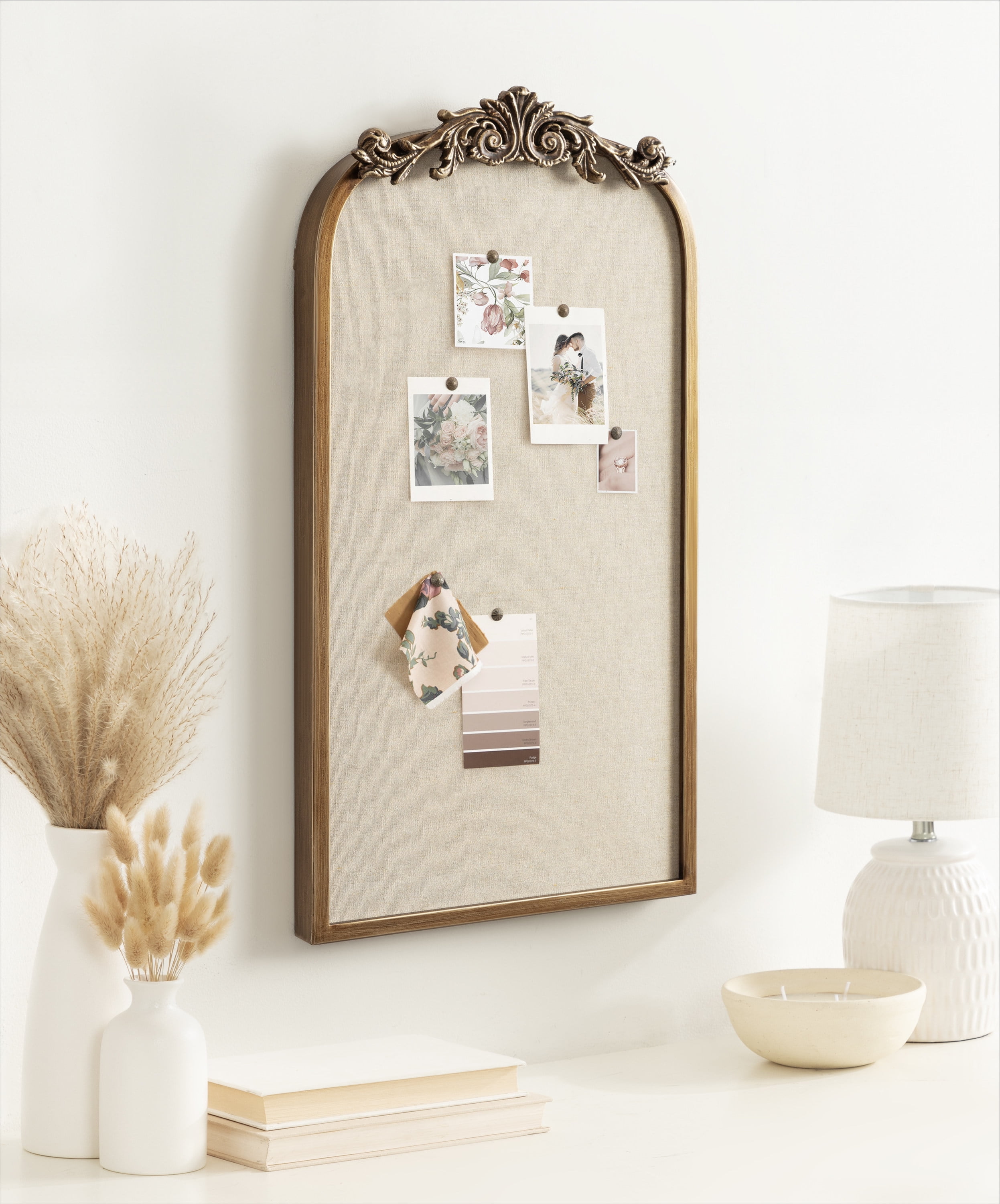 Kate and Laurel Arendahl Arch Pinboard, Gold, 13 x 25, Framed Arched Ornate Vintage Cork Board for Unique Display, Organization, and Decor Options