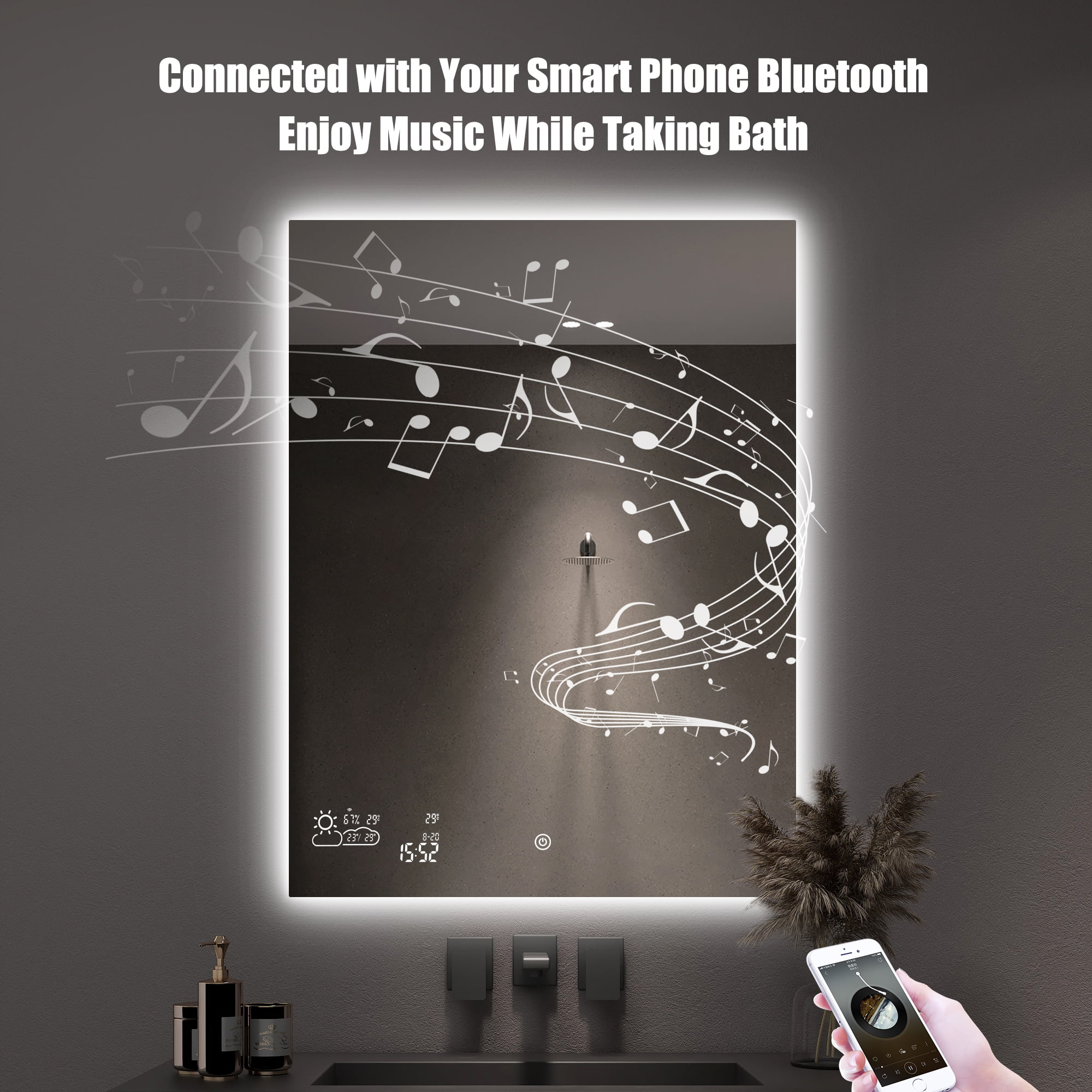  BYECOLD Espejo de baño inteligente con pantalla meteorológica  habilitada para Bluetooth Wi-Fi, 32 x 24 pulgadas, sin niebla, espejo de  tocador con luz LED, retroiluminado, sin marco, sensor táctil : Electrónica