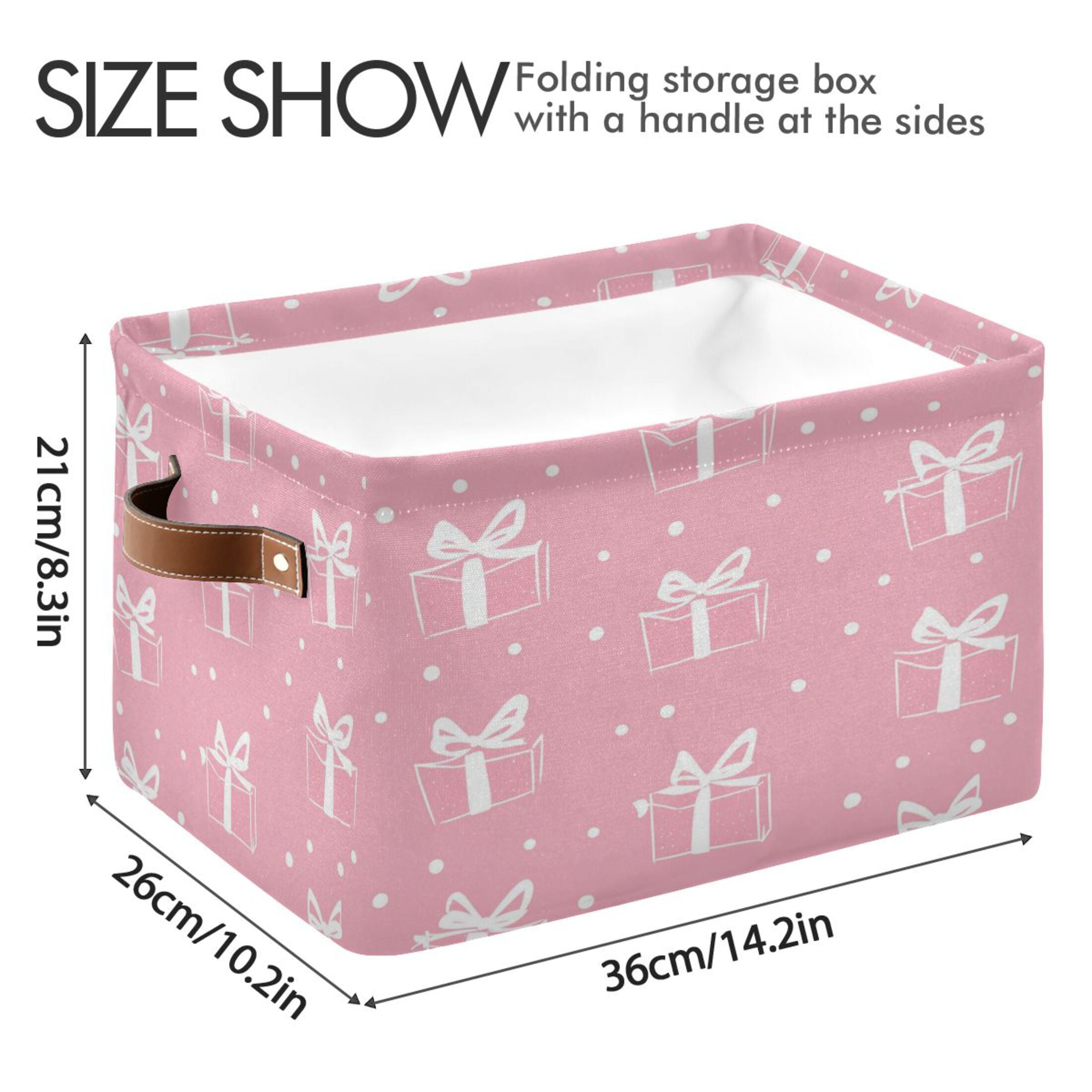 Pink Gift Pattern Foldable Storage Basket,Canvas Fabric Foldable Storage Bins with Handles Open Home Storage Bins Boxes for Toy Book Shelf Closet Baskets