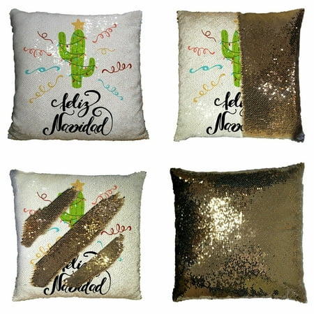 ABPHQTO Merry Christmas Happy Cactus In A Christmas Garland Reversible Mermaid Sequin Pillow Case Home Decor Cushion Cover 20x20 Inch