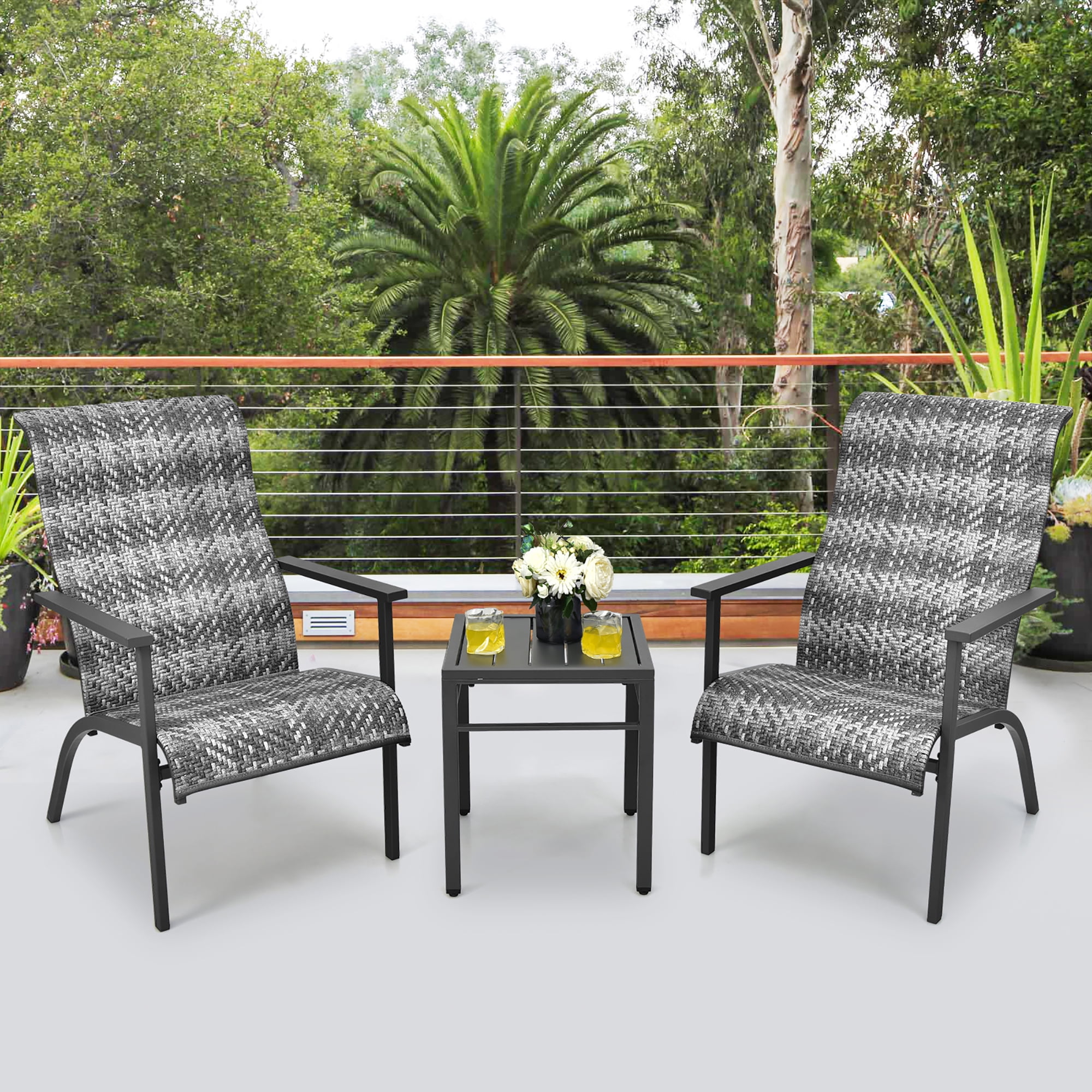 Costway 3 PCS Patio Rattan Bistro Set High Backrest Armrest SideTable