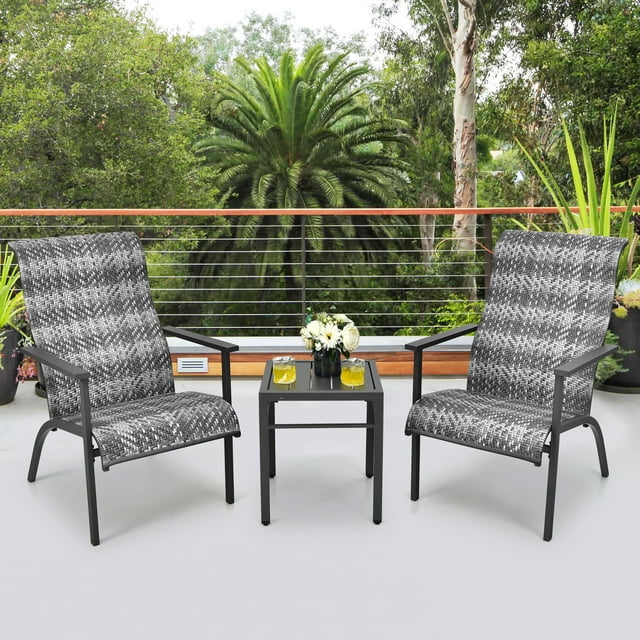 Costway Ensemble Bistro en Rotin pour Patio 3 Pcs Dossier Haut Accoudoirs Table d'Appoint Gris Mixte