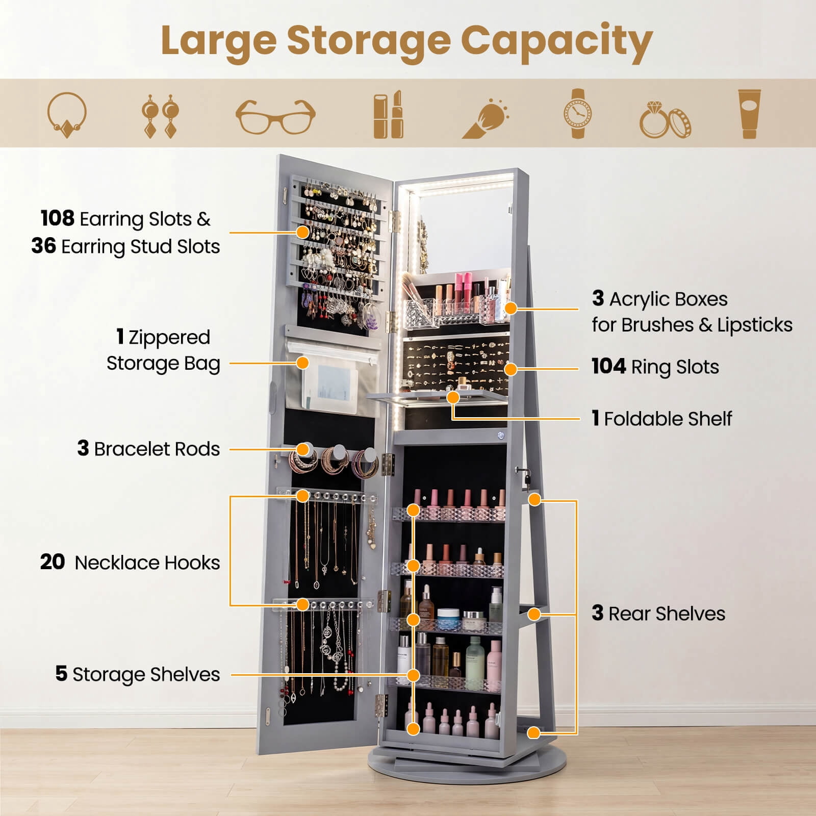 Costway 360° Swivel Jewelry Cabinet with LED Lights, Full-Length Mirror & Makeup Mirror Gray
