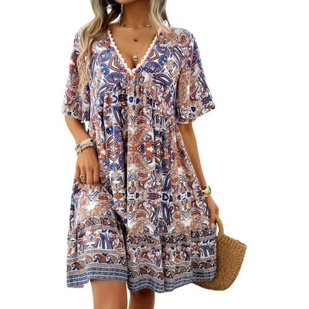Baywell Women s Dress Bohemian Summer V Neck Short Sleeve Lace Floral Printed Casual Beach Flowy Babydoll Dress Mini Dresses
