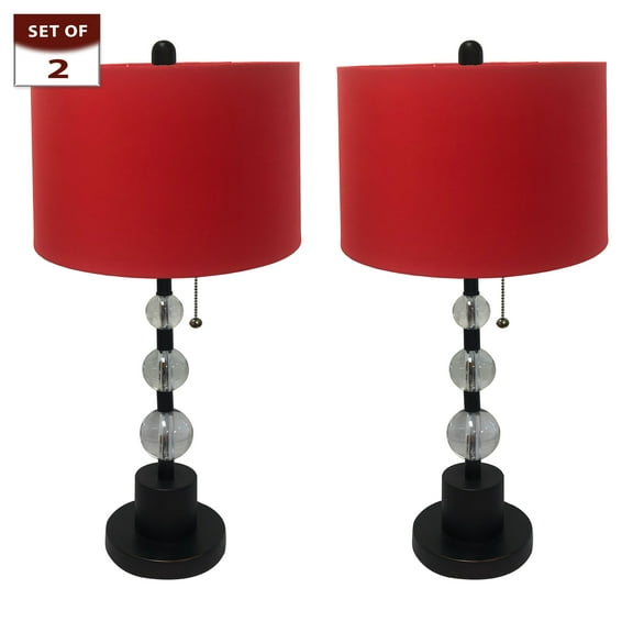 Royal Designs Oil Rub Bronze Lamp with Crystal Ball Accents and Red Shallow Drum Hardback Lamp Shade, Set of 2