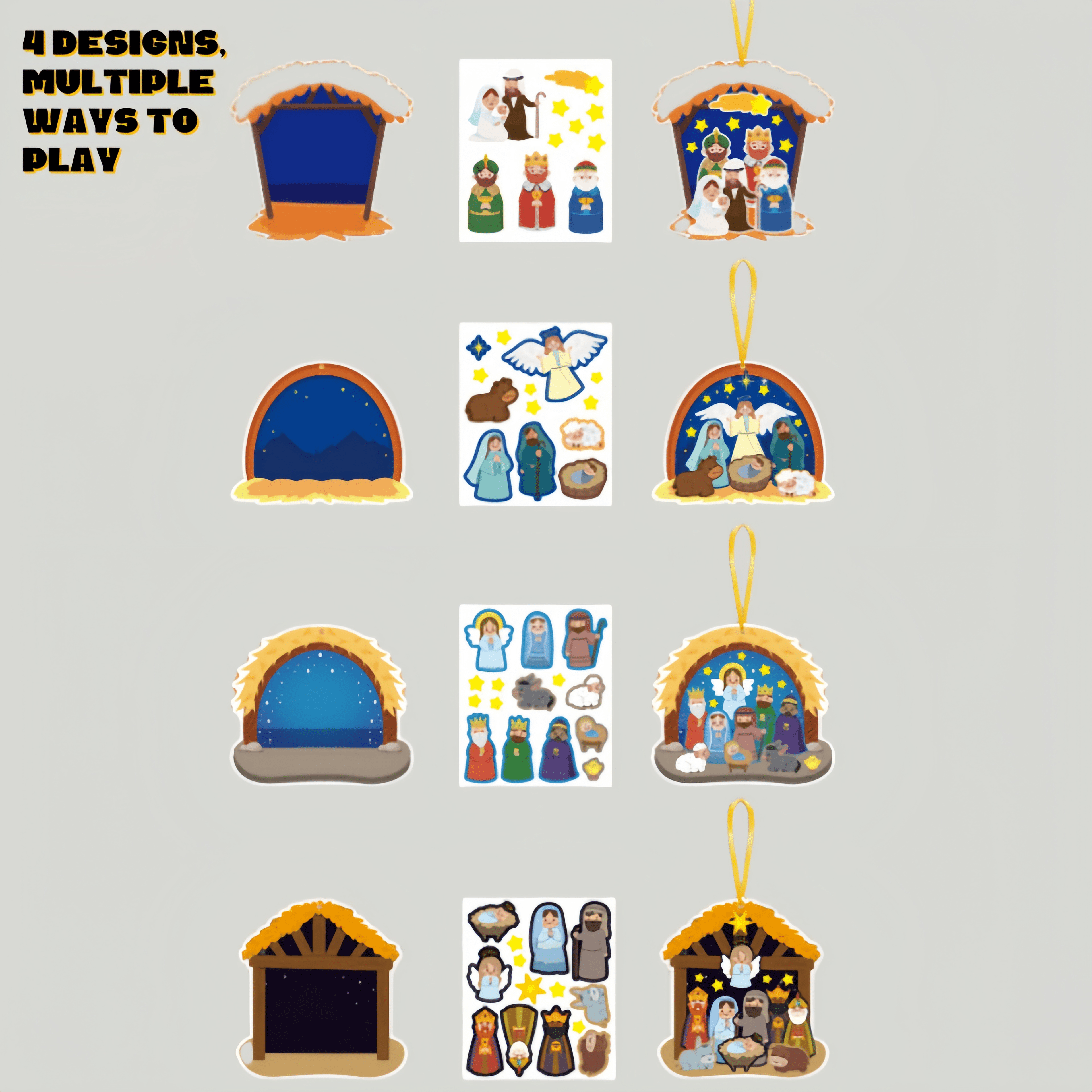 PTSPLLMY 72-Pcs Nativity Scene Craft Kit for Kids, DIY Christmas Tree Ornaments with Stickers, Manger Cards & Ribbons Gift Set