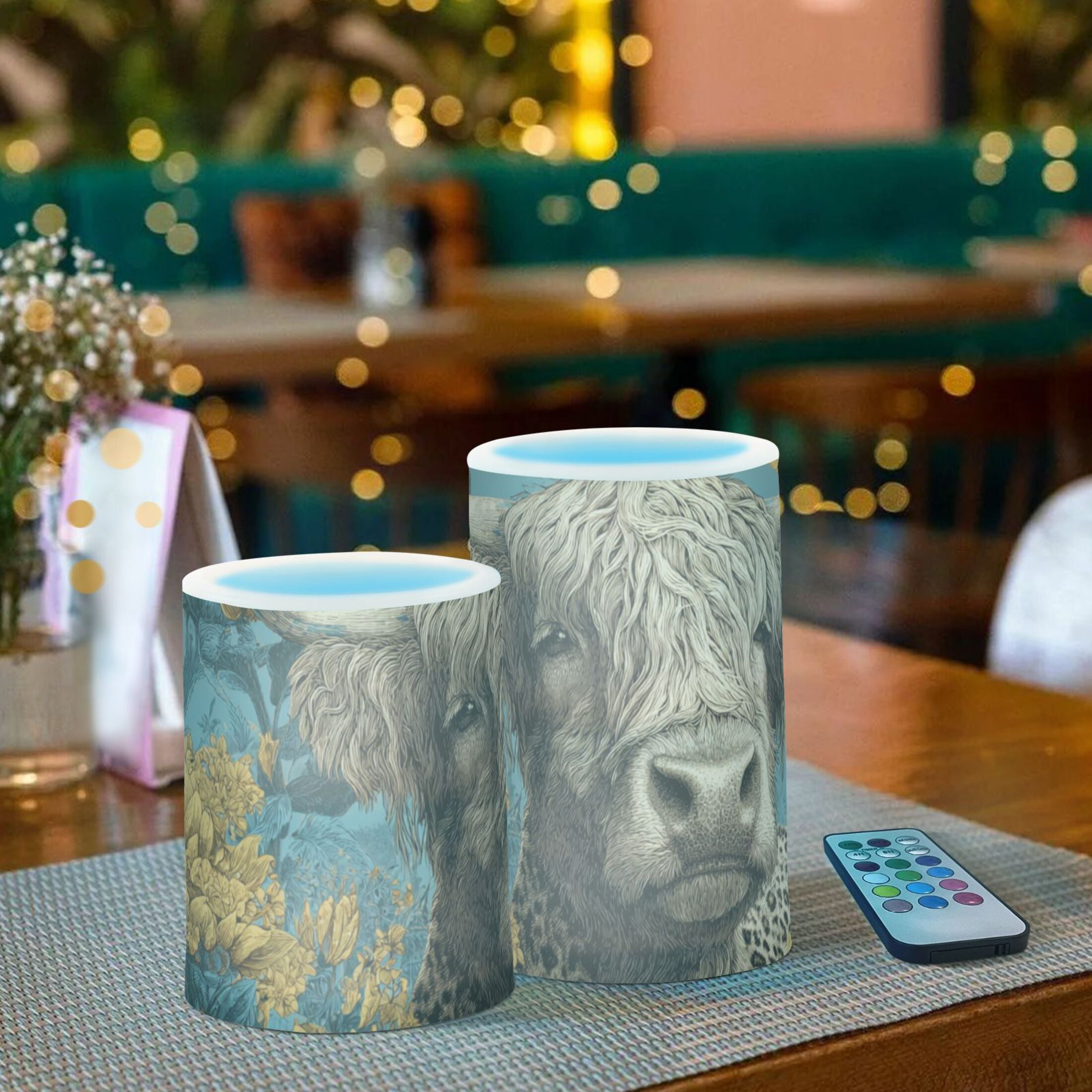 Highland Cow with Leopard Print Sunflowers Flickering Flameless Candles LED Tealight Battery Operated with Remote Set of 2 Holiday Decor Ornaments