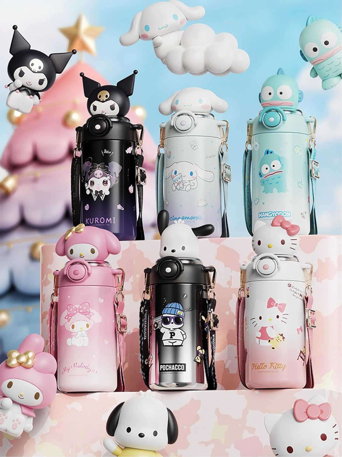 Kuromi Hello Kitty Cinnamoroll Water Bottle 600ml Melody Stainless Steel Insulated Water Bottle (Straw) with Strap