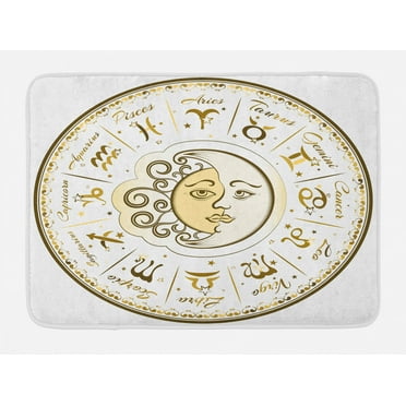 Zodiac Bath Mat, Circular Zodiac Chart Apparent Position of Sun and Moon in Centre Pattern Print, Non-Slip Plush Mat Bathroom Kitchen Laundry Room Decor, 29.5 X 17.5 Inches, Yellow Beige, Ambesonne
