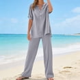 thumbnail image 2 of Womens Casual 2 Piece Sets V Neck Short Sleeve Button Top Elastic Waist Pants Matching Lounge Set 2026 Trendy Summer Outfits, 2 of 6