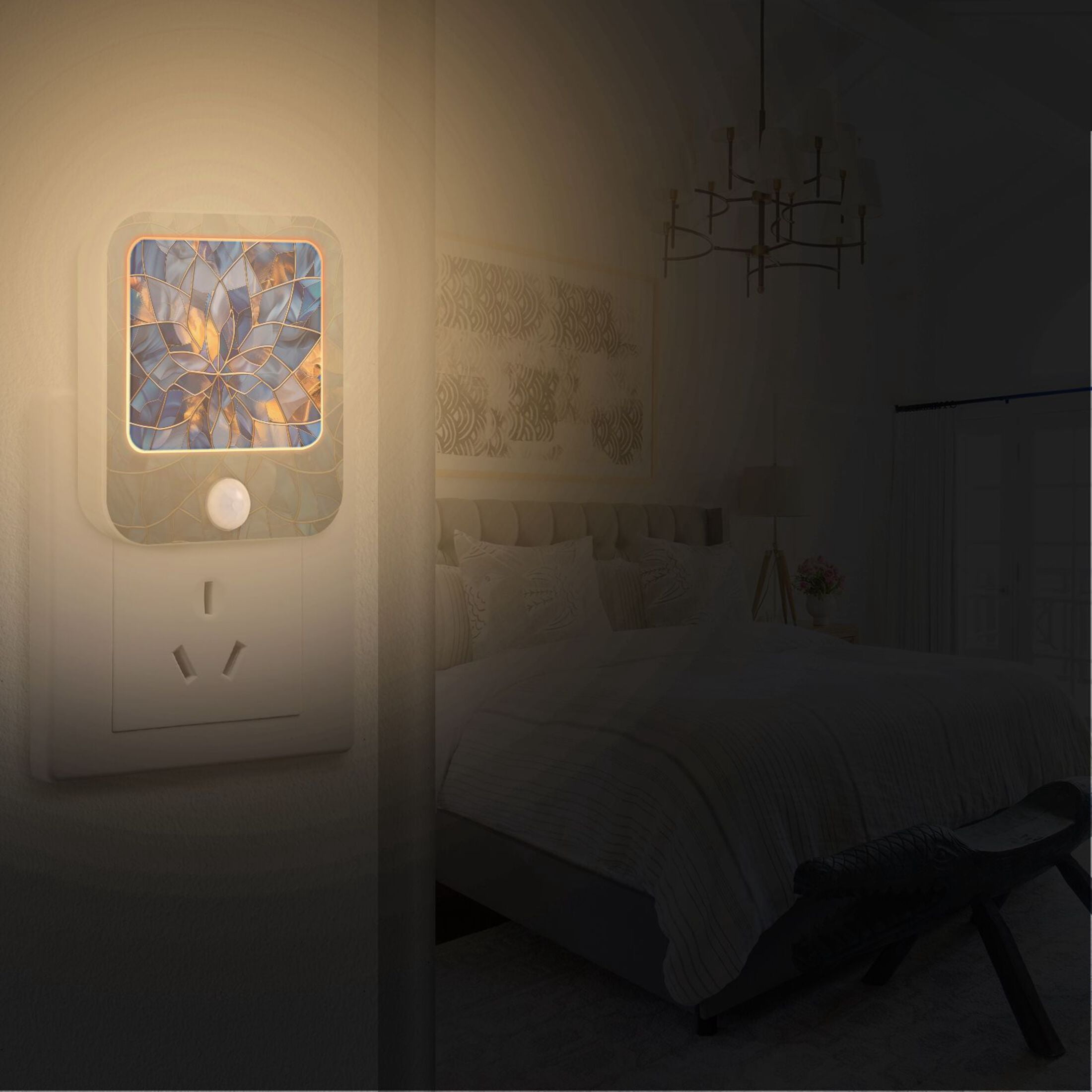 Stained Glass Night Lights Plug into Wall LED with Auto Light Sensor Warm Light for Kids Hallway Bedroom Living Room Kitchen Bathroom Set of 2