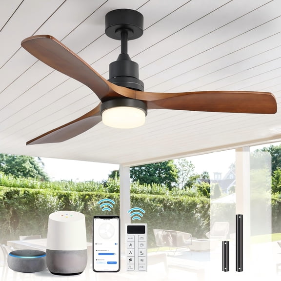 Sofucor 52 Inch Smart Ceiling Fan with LED Light, 3 Solid Walnut Wood Blades, Matte Black Housing, Modern Indoor Ceiling Fan for Bedroom Living Room