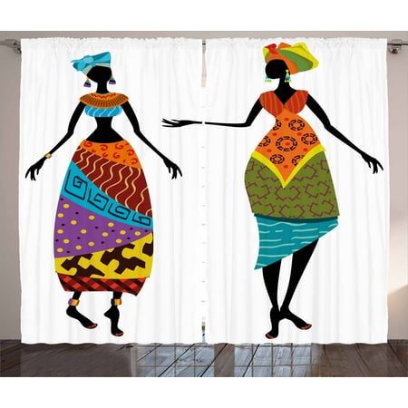 African Woman Curtains 2 Panels Set, Tribal Ladies in Traditional Costume Silhouettes Ethnicity Elegance Vintage, Window Drapes for Living Room Bedroom, 108W X 90L Inches, Multicolor, by