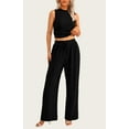 thumbnail image 3 of FreshPretty Women Summer 2 Piece Outfits Ribbed Knit Crew Neck Sleeveless Cropped Top Elastic Waist Wide Leg Pants Lounge Set, 3 of 6