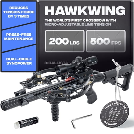Ballista Hawkwing Adjustable Crossbow with Hex-Key Maintenance and Auto Anti-Dry-Fire - High-Speed 520fps Powerful 200lbs Draw Weight 4.8 lbs