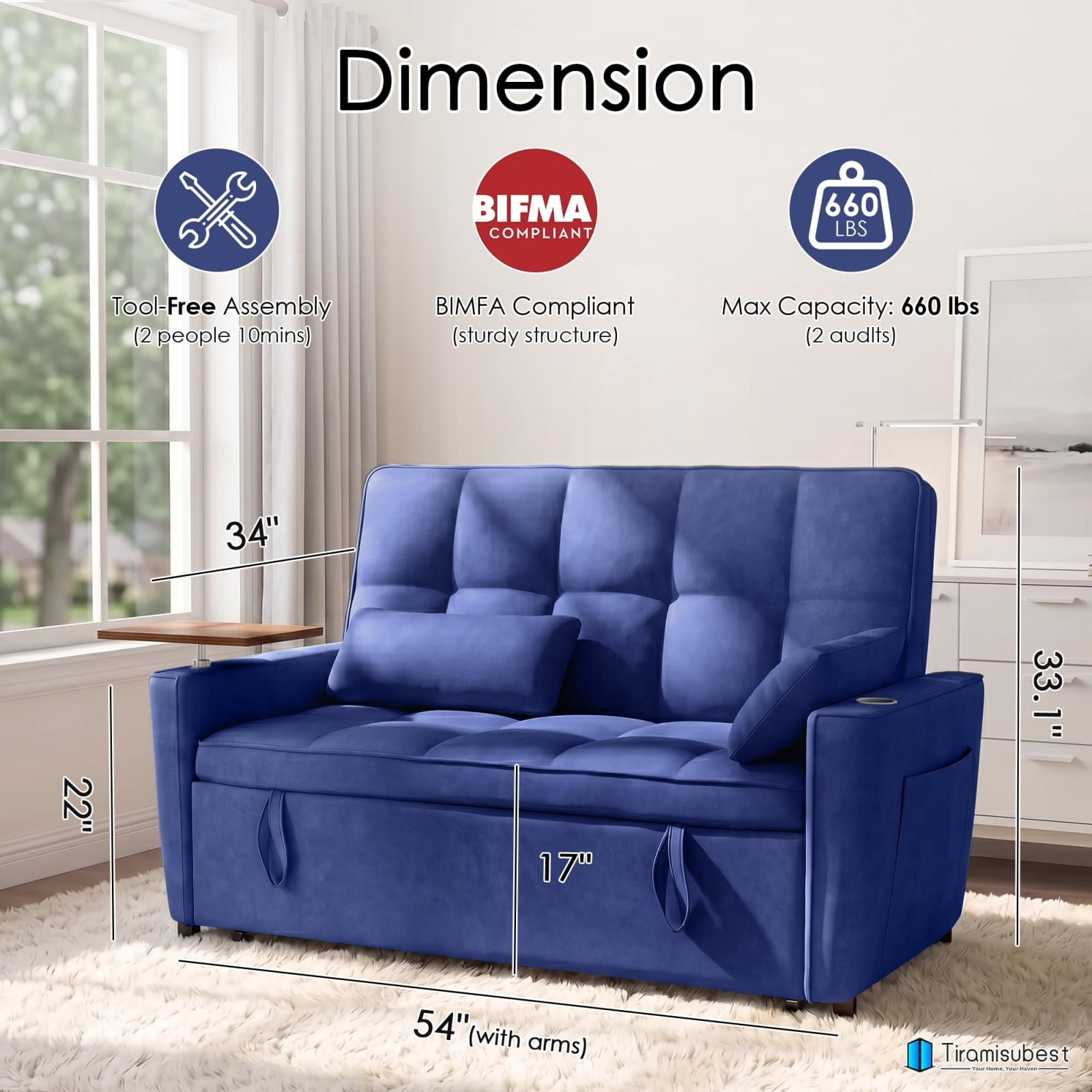 54" Sleeper Sofa Bed, Convertible Pull Out Couch Futon with Side Table, USB Ports, Cup Holder, Adjustable Backrest, Velvet Sofa Bed for Living Room Apartment, Dark Blue