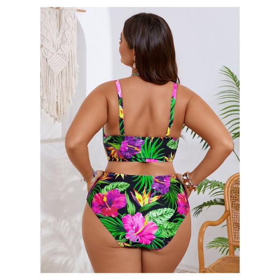 Plus Size Tropical Floral Bandeau High Waisted Bikini Set – Flattering & Vibrant Two Piece Swimsuit