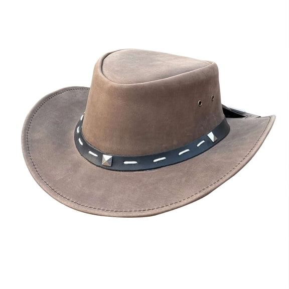 Lesa Collection Unisex Vintage Leather Cowboy Hat with Barrie Leather Band and Metal Accents (S, LightBrown)