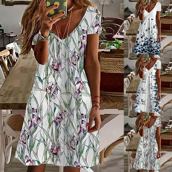 Azrian Clearance,Womens Plus Size Dress,Fashion Women Casual V Neck Printing Loose Elastic Short Sleeve Dress Skirt Best Sell in 2023