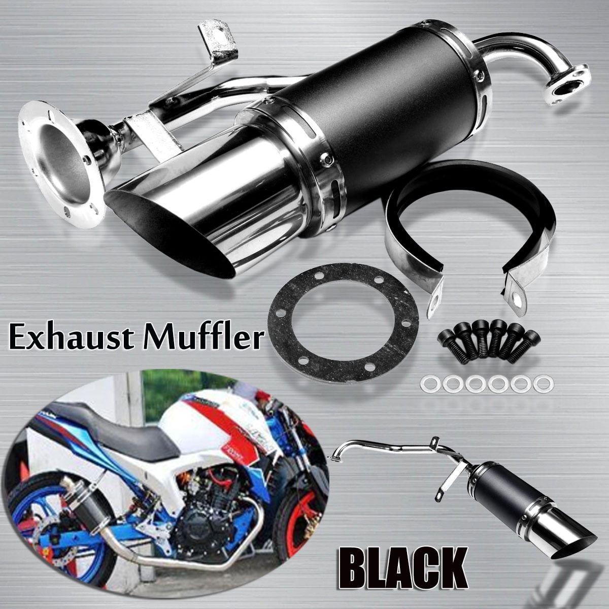 BYS Technology Exhaust System Steel Black Kit for GY6 150cc Chinese Scooter Black 